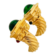 Load image into Gallery viewer, Vintage gold rope emerald gripoix cabochon designer runway clip on earrings