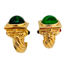 Load image into Gallery viewer, Vintage gold rope emerald gripoix cabochon designer runway clip on earrings