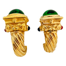 Load image into Gallery viewer, Vintage gold rope emerald gripoix cabochon designer runway clip on earrings