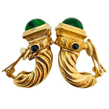 Load image into Gallery viewer, Vintage gold rope emerald gripoix cabochon designer runway clip on earrings
