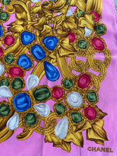 Load image into Gallery viewer, CHANEL authentic vintage silk scarf pink gripoix gold chains jewels