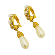 Load image into Gallery viewer, Vintage gold rhinestone pearl dangle clip on designer runway earrings