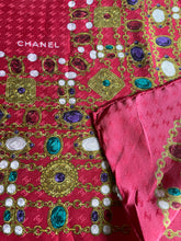 Load image into Gallery viewer, CHANEL CC logo authentic vintage silk scarf pearl gripoix gold chains red jewels