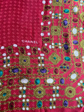 Load image into Gallery viewer, CHANEL CC logo authentic vintage silk scarf pearl gripoix gold chains red jewels