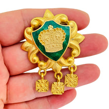 Load image into Gallery viewer, AJC signed vintage gold tone enamel fleur de lis crown cross designer brooch
