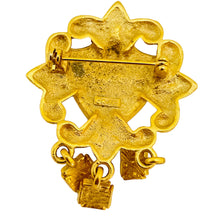 Load image into Gallery viewer, AJC signed vintage gold tone enamel fleur de lis crown cross designer brooch
