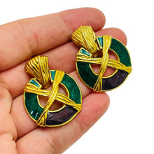 Load image into Gallery viewer, ANNE KLEIN gold enamel door knocker designer runway clip on earrings
