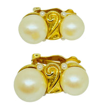 Load image into Gallery viewer, ANNE KLEIN gold tone faux pearl massive designer etruscan style clip on earrings
