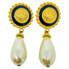 Load image into Gallery viewer, ANNE KLEIN vintage gold tone enamel crown pearl drop designer pierced earrings
