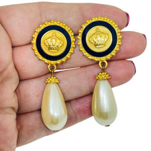 Load image into Gallery viewer, ANNE KLEIN vintage gold tone enamel crown pearl drop designer pierced earrings
