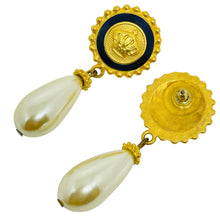 Load image into Gallery viewer, ANNE KLEIN vintage gold tone enamel crown pearl drop designer pierced earrings
