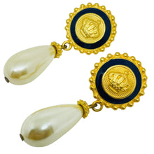 Load image into Gallery viewer, ANNE KLEIN vintage gold tone enamel crown pearl drop designer pierced earrings
