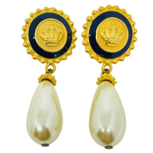 Load image into Gallery viewer, ANNE KLEIN vintage gold tone enamel crown pearl drop designer pierced earrings
