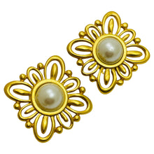 Load image into Gallery viewer, ANNE KLEIN vintage matte gold pearl huge designer runway clip on earrings
