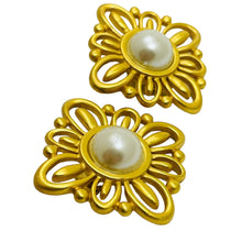 Load image into Gallery viewer, ANNE KLEIN vintage matte gold pearl huge designer runway clip on earrings

