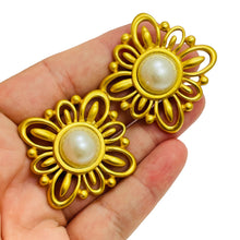 Load image into Gallery viewer, ANNE KLEIN vintage matte gold pearl huge designer runway clip on earrings
