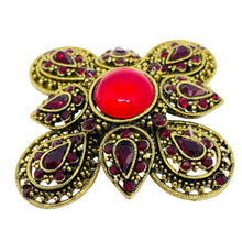 Load image into Gallery viewer, ART signed vintage gold tone Maltese cross red rhinestones glass designer brooch
