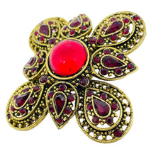 Load image into Gallery viewer, ART signed vintage gold tone Maltese cross red rhinestones glass designer brooch
