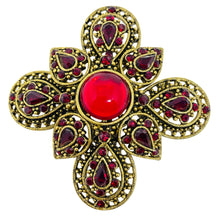 Load image into Gallery viewer, ART signed vintage gold tone Maltese cross red rhinestones glass designer brooch
