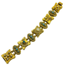 Load image into Gallery viewer, ART signed vintage gold tone faux pearls turquoise designer bracelet
