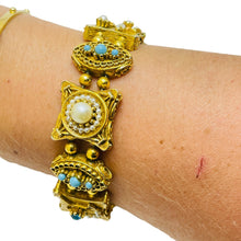 Load image into Gallery viewer, ART signed vintage gold tone faux pearls turquoise designer bracelet
