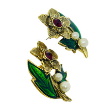 Load image into Gallery viewer, AVON gold tone red green rhinestones enamel pearls designer post earrings
