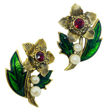 Load image into Gallery viewer, AVON gold tone red green rhinestones enamel pearls designer post earrings
