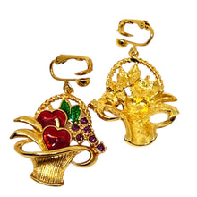 Load image into Gallery viewer, AVON signed gold tone enamel rhinestones fruit basket designer dangle earrings
