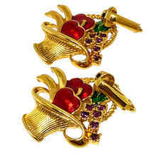 Load image into Gallery viewer, AVON signed gold tone enamel rhinestones fruit basket designer dangle earrings
