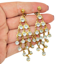 Load image into Gallery viewer, AVON signed gold tone rhinestones chandelier designer dangle earrings
