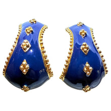 Load image into Gallery viewer, AVON signed vintage gold tone navy blue enamel etruscan designer clip earrings
