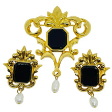 Load image into Gallery viewer, AVON signed vintage gold tone pearl enamel designer earrings brooch set
