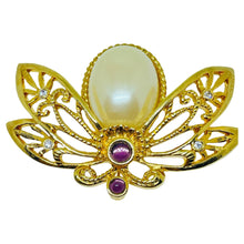 Load image into Gallery viewer, AVON signed vintage gold tone pearls amethyst eyes bee bug designer brooch
