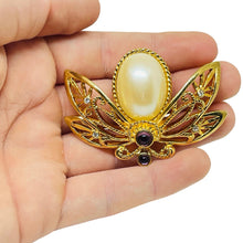Load image into Gallery viewer, AVON signed vintage gold tone pearls amethyst eyes bee bug designer brooch
