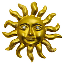 Load image into Gallery viewer, AVON signed vintage matte gold tone rhinestone sun designer runway brooch
