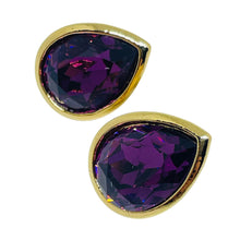 Load image into Gallery viewer, AVON vintage gold tone amethyst glass teardrop designer pierced earrings
