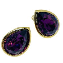 Load image into Gallery viewer, AVON vintage gold tone amethyst glass teardrop designer pierced earrings
