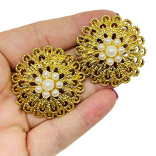 Load image into Gallery viewer, AVON vintage gold tone pearls 'BLOSSOM &amp; PEARLESQUE' designer clip on earrings
