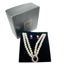 Load image into Gallery viewer, AVON vintage gold tone pearls amethyst glass rhinestones necklace earrings set
