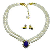 Load image into Gallery viewer, AVON vintage gold tone pearls amethyst glass rhinestones necklace earrings set

