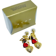 Load image into Gallery viewer, AVON vintage gold tone red multi heart designer drop earrings
