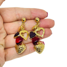 Load image into Gallery viewer, AVON vintage gold tone red multi heart designer drop earrings
