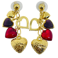 Load image into Gallery viewer, AVON vintage gold tone red multi heart designer drop earrings
