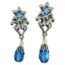 Load image into Gallery viewer, AVON vintage silver tone blue crystal dangle designer pierced earrings
