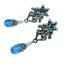 Load image into Gallery viewer, AVON vintage silver tone blue crystal dangle designer pierced earrings
