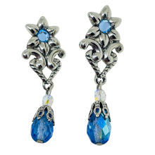 Load image into Gallery viewer, AVON vintage silver tone blue crystal dangle designer pierced earrings

