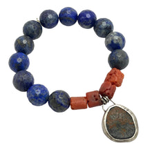 Load image into Gallery viewer, Ancient Roman coin sterling bezel charm red coral blue lapis beaded bracelet

