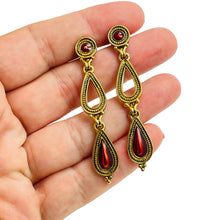 Load image into Gallery viewer, BEREBI signed gold red enamel designer dangle earrings
