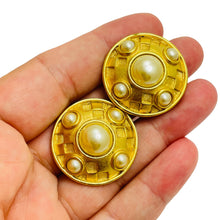 Load image into Gallery viewer, BOB MACKIE signed gold pearl designer runway clip on earrings
