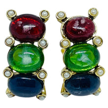 Load image into Gallery viewer, CAROLEE signed gold tone mogul glass ruby emerald sapphire clip on earrings
